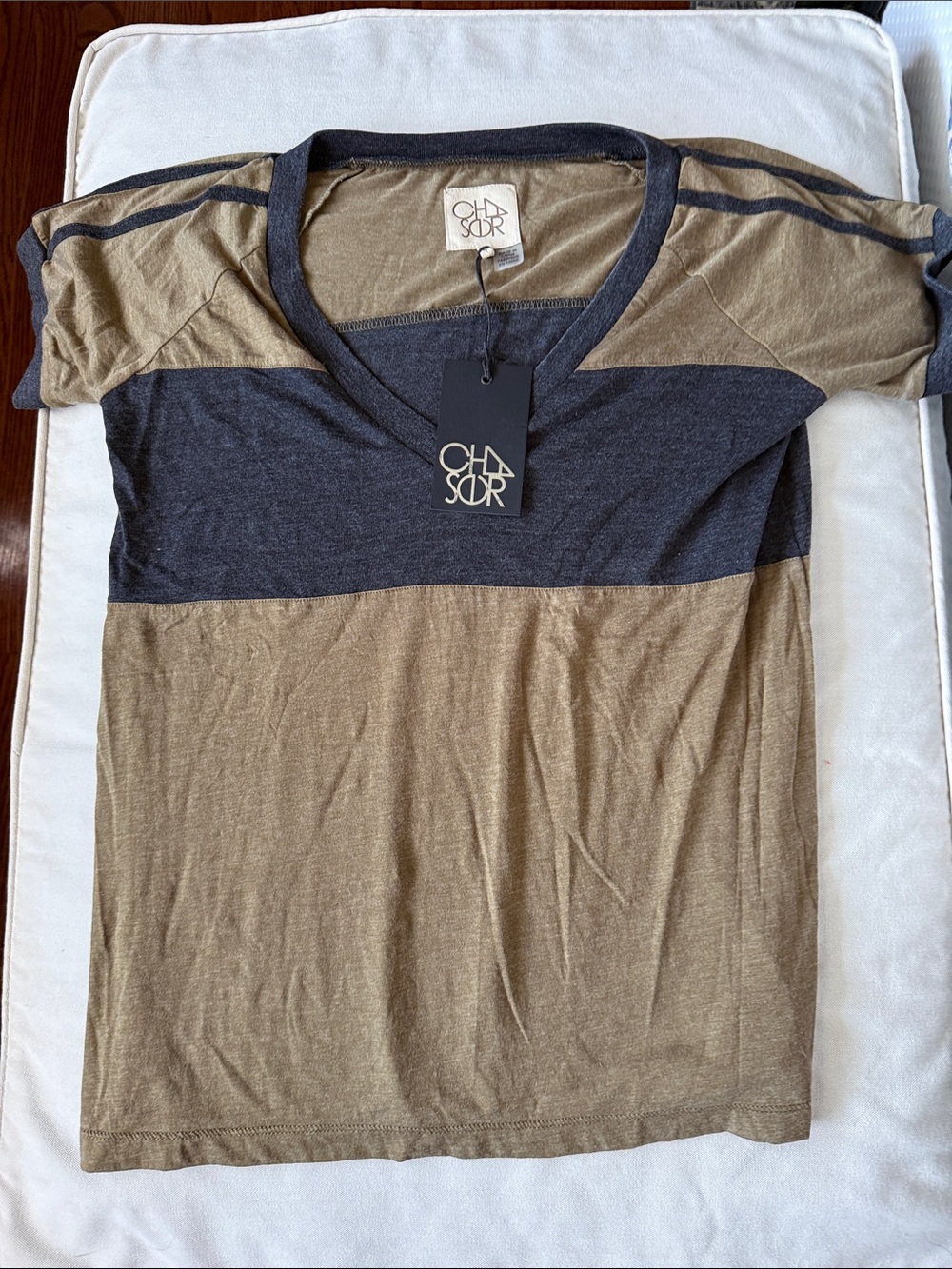 Chaser Two-Tone V-Neck Tee in Olive & Charcoal Stripe